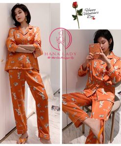 Pijama lụa tơ họa tiết voi cam cao cấp PJ360 8