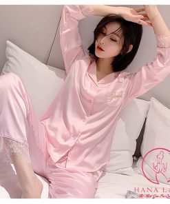 Pijama lụa tơ phối ren thêu túi BRIDE hồng PJ325 4 Pijama lụa tơ phối ren thêu túi BRIDE hồng PJ325 8