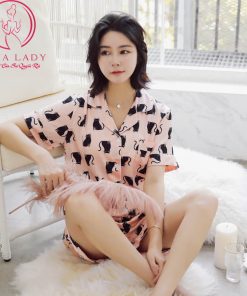 Pijama lụa tơ họa tiết mèo cute PJ357 4 Pijama lụa tơ họa tiết mèo cute PJ357 9