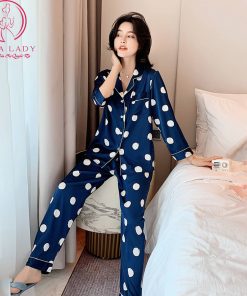 Pijama lụa tơ họa tiết bi to xanh PJ361 5 Pijama lụa tơ họa tiết bi to xanh PJ361 10