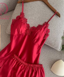 Bộ ngủ 2 dây lụa tơ phối ren hoa cao cấp PJ326 9