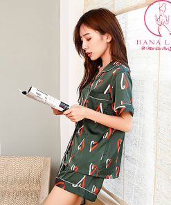 Pijama lụa tơ cao cấp họa tiết tim đen PJ330 10