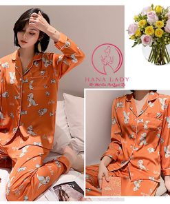 Pijama lụa tơ họa tiết voi cam cao cấp PJ360 11