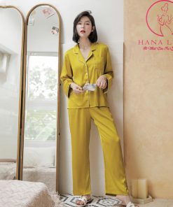 Pijama lụa tơ cao cấp trơn vàng viền trắng PJ323 4 Pijama lụa tơ cao cấp trơn vàng viền trắng PJ323 7