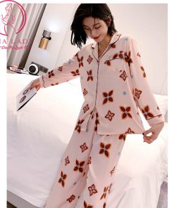 Pijama lụa tơ họa tiết hoa nâu PJ359 11