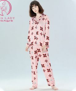 Pijama lụa tơ họa tiết hoa nâu PJ359 10