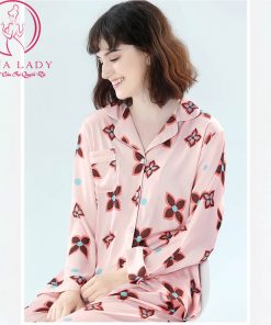 Pijama lụa tơ họa tiết hoa nâu PJ359 9