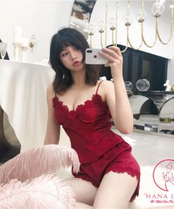 Bộ ngủ 2 dây lụa tơ phối ren hoa cao cấp PJ326 7