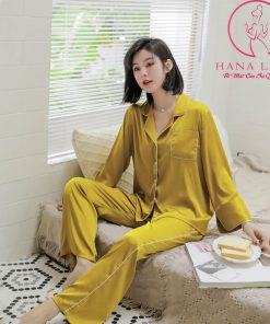 Pijama lụa tơ cao cấp trơn vàng viền trắng PJ323 3 Pijama lụa tơ cao cấp trơn vàng viền trắng PJ323 6