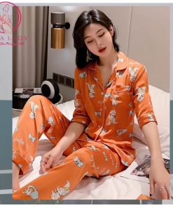 Pijama lụa tơ họa tiết voi cam cao cấp PJ360 9
