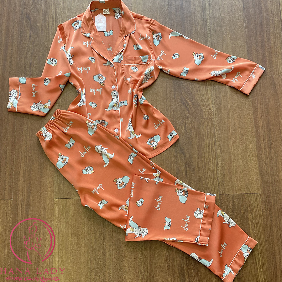 Pijama lụa tơ họa tiết voi cam cao cấp PJ360 14