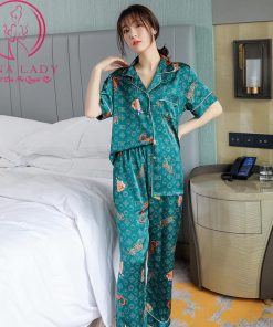Pijama lụa tơ họa tiết chữ DK TNQD cao cấp PJ367 7