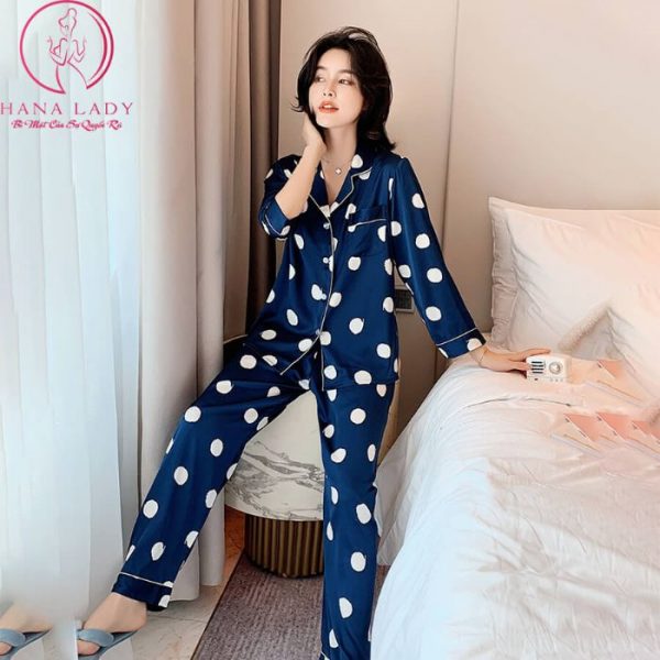 Pijama lụa tơ họa tiết bi to xanh