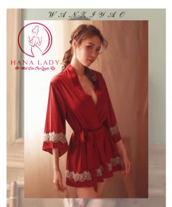 Áo choàng ngủ lụa phối ren cao cấp đỏ VN283R 5 Áo choàng ngủ lụa phối ren cao cấp đỏ VN283R 9