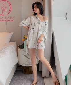 Váy ngủ lụa sơ mi họa tiết chữ cao cấp PJ382 7 Váy ngủ lụa sơ mi họa tiết chữ cao cấp PJ382 13