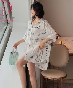 Váy ngủ lụa sơ mi họa tiết chữ cao cấp PJ382 6 Váy ngủ lụa sơ mi họa tiết chữ cao cấp PJ382 12