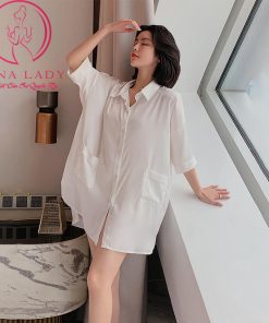 Váy ngủ sơ mi lụa tơ họa tiết chữ cao cấp PJ383 13