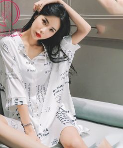 Váy ngủ lụa sơ mi họa tiết chữ cao cấp PJ382 3 Váy ngủ lụa sơ mi họa tiết chữ cao cấp PJ382 9