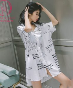 Váy ngủ lụa sơ mi họa tiết chữ cao cấp PJ382 4 Váy ngủ lụa sơ mi họa tiết chữ cao cấp PJ382 10