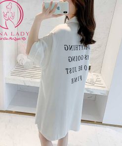 Váy ngủ sơ mi lụa tơ họa tiết chữ cao cấp PJ383 12
