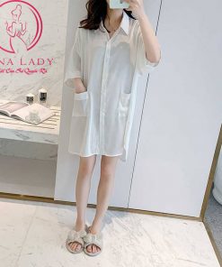 Váy ngủ sơ mi lụa tơ họa tiết chữ cao cấp PJ383 11