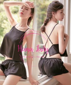 Bộ ngủ lụa tơ yếm cao cấp đen VN091B 4 Bộ ngủ lụa tơ yếm cao cấp đen VN091B 8