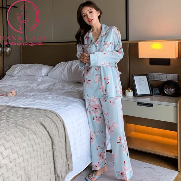 Pijama lụa tơ họa tiết hoa ống suông sang chảnh PJ412 12