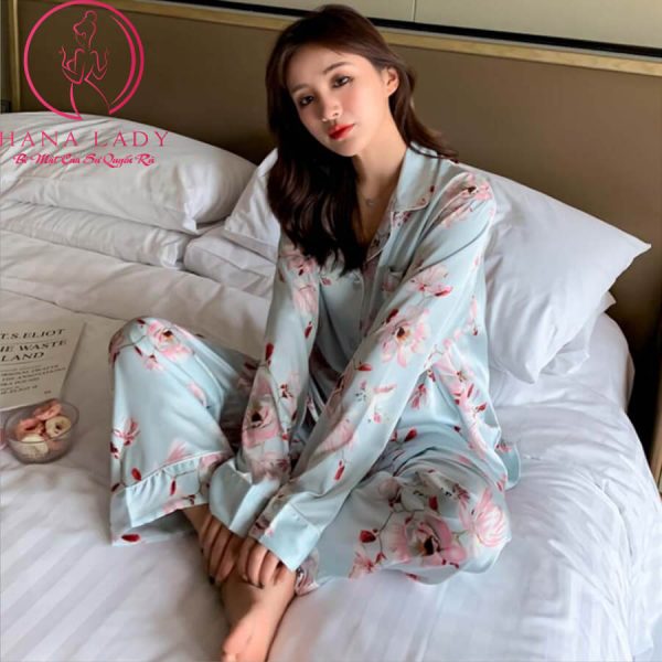 Pijama lụa tơ họa tiết hoa ống suông sang chảnh PJ412 13