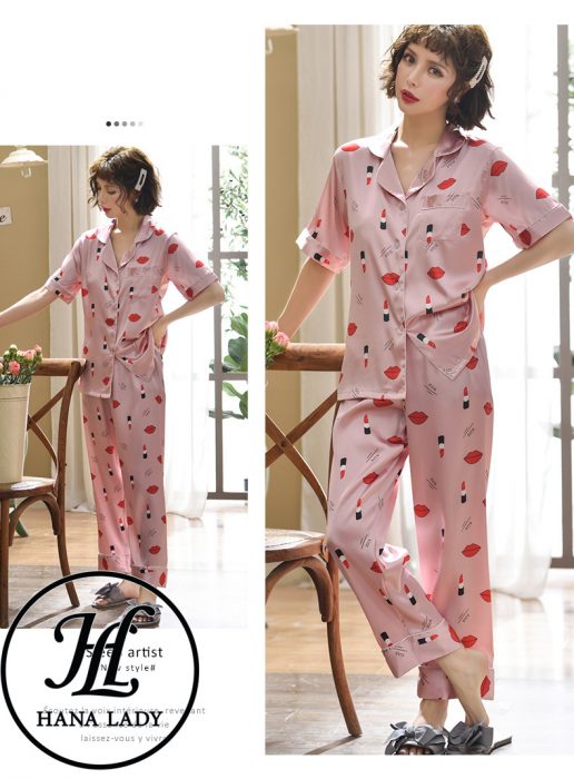 Pijama lụa tơ họa tiết son tim PJ116 8 Pijama lụa tơ họa tiết son tim PJ116 12