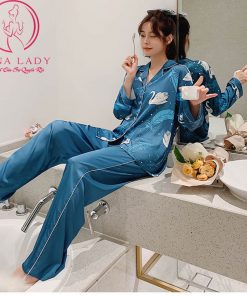 Pijama lụa tơ tay dài họa tiết thiên nga xanh cao cấp PJ422 11