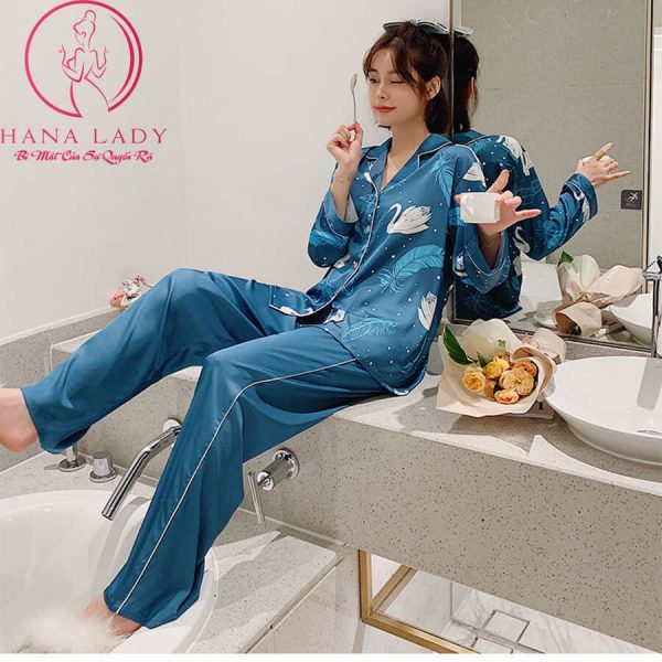 Pijama lụa tơ tay dài họa tiết thiên nga xanh cao cấp PJ422 14