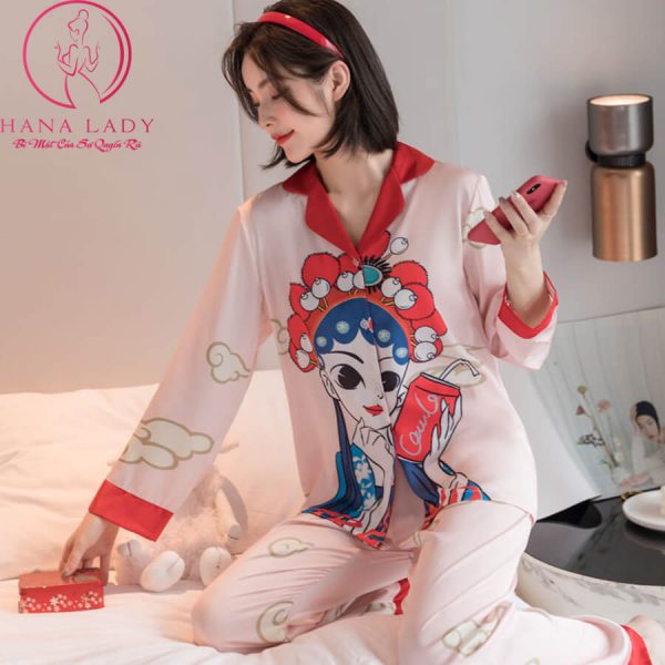 Pijama lụa tơ cao cấp họa tiết cô gái PJ423 7 Pijama lụa tơ cao cấp họa tiết cô gái PJ423 12