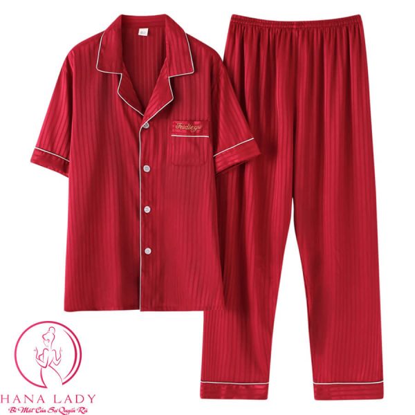 Pijama lụa gấm sọc đỏ thêu chữ túi PJ441 8 Pijama lụa gấm sọc đỏ thêu chữ túi PJ441 12