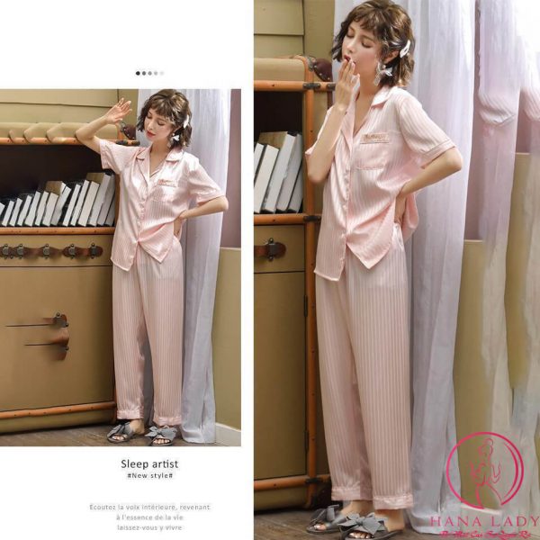 Pijama lụa gấm sọc hồng túi chữ PJ439 14