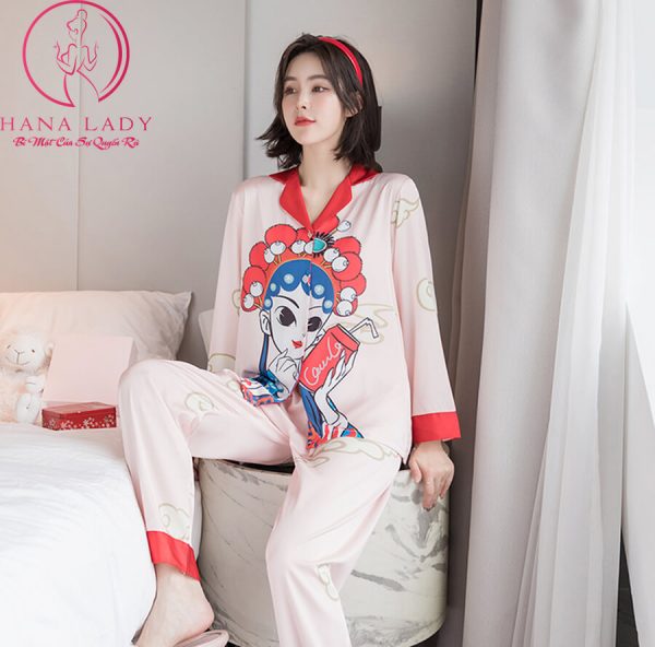 Pijama lụa tơ cao cấp họa tiết cô gái PJ423 9 Pijama lụa tơ cao cấp họa tiết cô gái PJ423 14