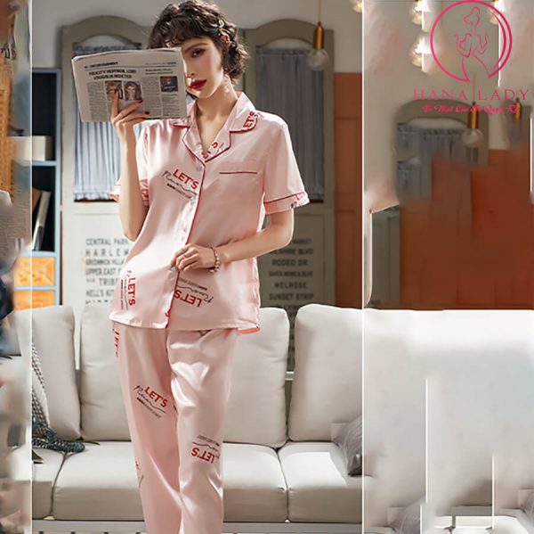 Pijama lụa tơ hồng họa tiết chữ PJ440 6 Pijama lụa tơ hồng họa tiết chữ PJ440 9