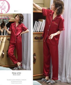 Pijama lụa gấm sọc đỏ thêu chữ túi PJ441 4 Pijama lụa gấm sọc đỏ thêu chữ túi PJ441 8
