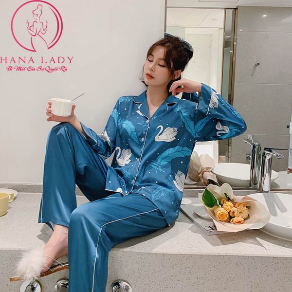 Pijama lụa tơ tay dài họa tiết thiên nga xanh cao cấp PJ422 12