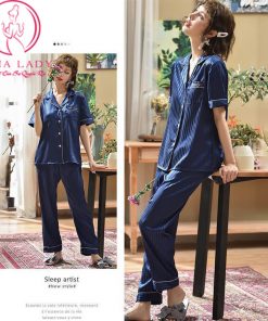 Pijama lụa gấm sọc xanh thêu chữ túi PJ442 3 Pijama lụa gấm sọc xanh thêu chữ túi PJ442 6