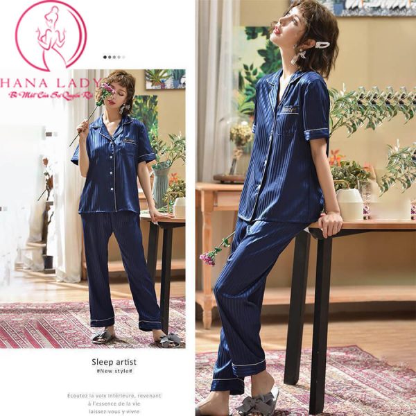 Pijama lụa gấm sọc xanh thêu chữ túi PJ442 7 Pijama lụa gấm sọc xanh thêu chữ túi PJ442 10