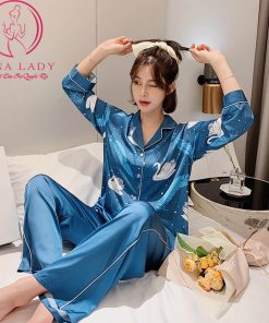 Pijama lụa tơ tay dài họa tiết thiên nga xanh cao cấp PJ422 9