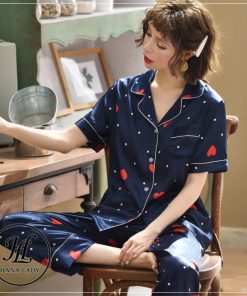 Pijama lụa tơ họa tiết tim nhí xanh cute PJ185 7