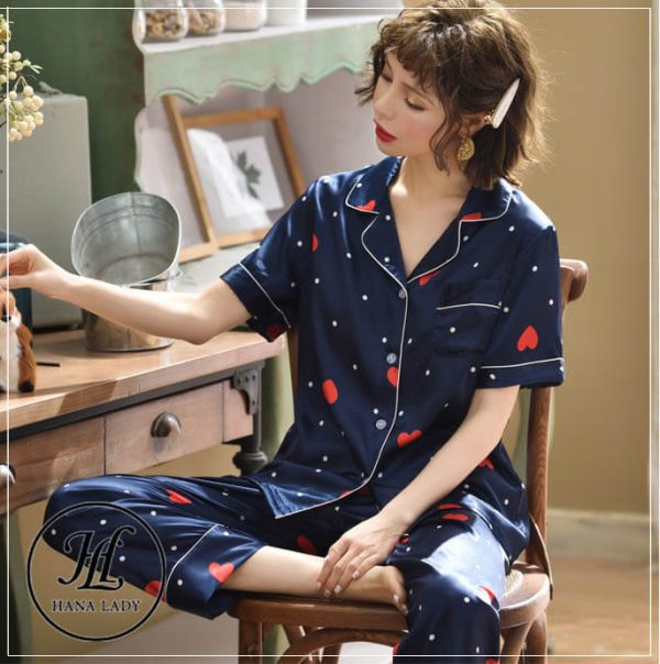 Pijama lụa tơ họa tiết tim nhí xanh cute PJ185 9