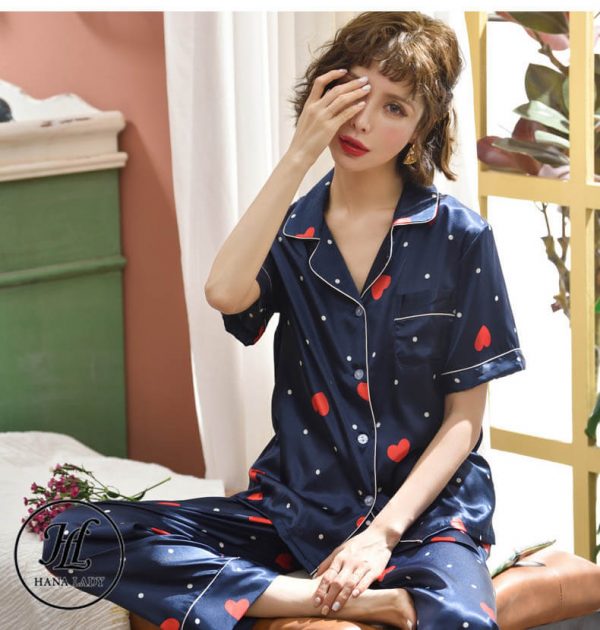 Pijama lụa tơ họa tiết tim nhí xanh cute PJ185 10