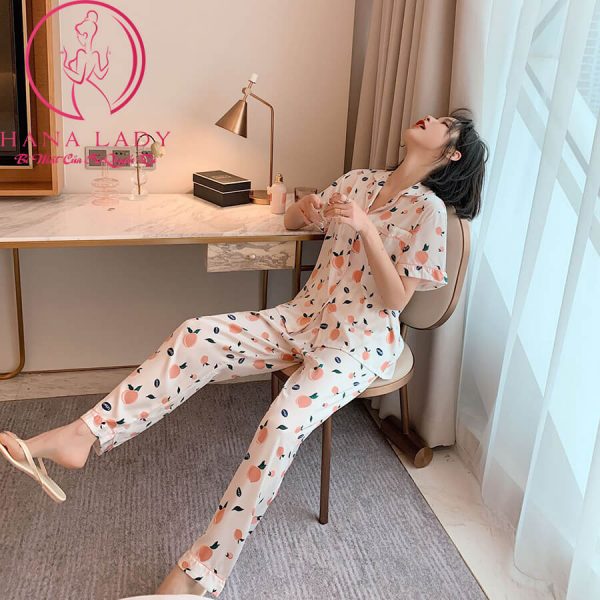 Pijama lụa tơ họa tiết quả đào tay cộc cao cấp PJ469 16