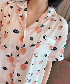 Pijama lụa tơ họa tiết quả đào tay cộc cao cấp PJ469 12
