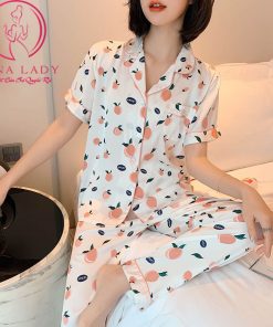 Pijama lụa tơ họa tiết quả đào tay cộc cao cấp PJ469 10