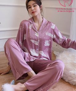 Pijama lụa tơ họa tiết lông vũ tím cao cấp PJ466 6 Pijama lụa tơ họa tiết lông vũ tím cao cấp PJ466 11