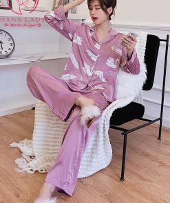 Pijama lụa tơ họa tiết lông vũ tím cao cấp PJ466 3 Pijama lụa tơ họa tiết lông vũ tím cao cấp PJ466 8