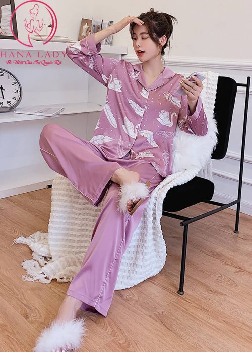 Pijama lụa tơ họa tiết lông vũ tím cao cấp PJ466 7 Pijama lụa tơ họa tiết lông vũ tím cao cấp PJ466 12